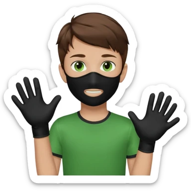 Chico de pelo marrón y ojos verdes. Con un cubre bocas negro, que tiene una camisa verde por encima de una remera blanca, y tiene un guante negro en una sola de las manos. sticker