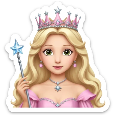 glinda the good witch from wicked movie (ariana) blonde hair, beautiful, big silver thin tiara, star wand, pink gown sticker