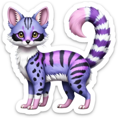 Beautiful fluffy elegant spotted dotted thick puffy hyper-realistic lifelike furry Indigo, purple, violet, pink, Civet-Genet-Possum-Serval-Caracal-Sergal-Trico-Numbat-Furret-fusion-Fakemon-hybrid-creature (full body) with long tufted ears and a striped tufted tail  sticker