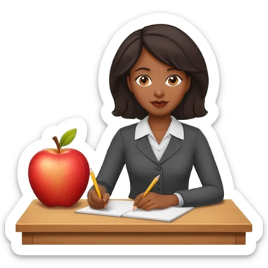 Black female teacher at desk with one apple and one pencil chalkboard in back  sticker