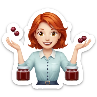 redhead woman juggling with 3 glass jars with jam sticker