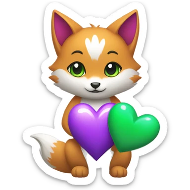 A Kitsune Holding a Purple Heart, a Green Heart and a White Heart sticker