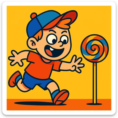 a mischievous child grabbing a lollipop, vibrant colors, toon style, playful and fun sticker