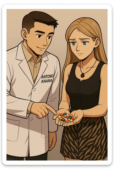 fai un webtoon/manga a colori con questo kinesiologo in camice bianco (fagli la scritta "ANTONIO ANANIA" SUL CAMICE) CHE PARLA CON QUESTA RAGAZZA CON GLI OCCHI AZZURRI. LA RAGAZZA HA UN PUGNO DI INTEGRATORI IN MANO (TANTE PILLOLE DIVERSE) E LE GUARDA DUBBIOSA. IL KINESIOLOGO CON IL CAMICE BIANCO LE TOCCA LA PANCIA CON UN DITO. NON FARE I FUMETTI, FAI SOLO LORO COME SE DIALOGASSERO sticker