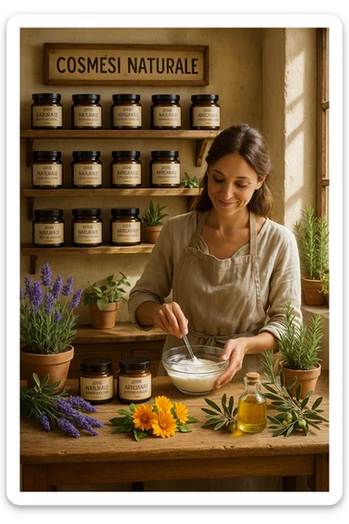 A realistic, high-quality photo of a small artisan skincare laboratory in Italy, with wooden shelves displaying beautifully packaged glass jars of natural creams made with herbal and botanical extracts, olive oil, and essential oils, clearly labeled ‘100% Natural’ and ‘Artisan Made in Italy’. The scene includes a bright, sunlit rustic workspace with plants, fresh lavender, rosemary, calendula flowers, and olive branches on the wooden counter, symbolizing purity and nature. A female artisan in a linen apron is carefully mixing creams in a glass bowl, smiling softly. The environment feels warm, authentic, and eco-friendly, emphasizing the concept of handcrafted skincare without synthetic chemicals in italiano sticker