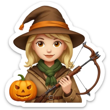 female human monster hunter emoji, wearing brown coat and hat, holding crossbow, soft smile, scarf, glowing pumpkin by her side, Halloween fantasy style, clean vector Apple emoji look, bright colors, white background, square sticker