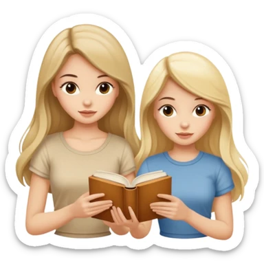 two beautiful girls in beige tops reading a beautiful vintage book. one brunette, the other blonde. both with long hair with sticker
