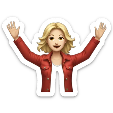 Young white woman, wearing white shirt and red jacket, both hands up  sticker