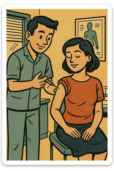 A full body image of a calm mother being injected with a vaccination in the top of her army by a caring male nurse. This is taking place in a doctor's consultation room sticker