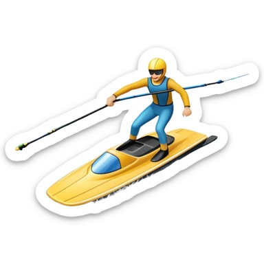 An icon showing water skis on the surface of the water, close-up, with no skier. In the background, a boat speeding away, leaving ripples in its wake. The design emphasizes the smoothness of the skis gliding on water. Transparent background highlights the thrill of water sports. sticker