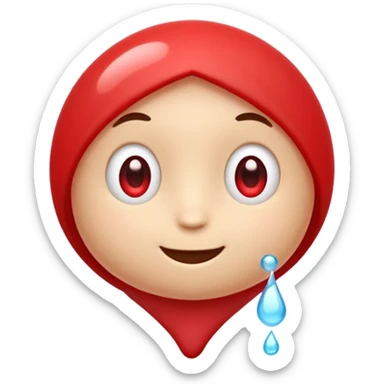 Cute red emoji character shaped like a droplet or jelly bean, with expressive eyes and a clever smile. Holding a small compressed bubble of content, like a tiny scroll or speech balloon. Symbolizes fast, smart summarization. Friendly and modern look, minimal lines, clean white background. sticker