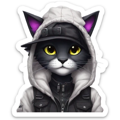 Edgy Beautiful Cool Kawaii Anthro dark cat-fursona punk techwear and hat sticker