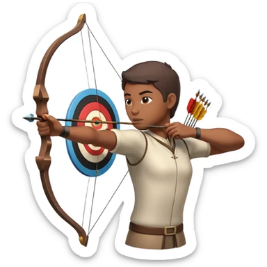 An archer drawing a bow and aiming an arrow at a target, with perfect focus and precision. The target is visible in the background, featuring concentric rings. The scene captures the concentration and skill involved in archery, emphasizing the elegance and accuracy of the sport. sticker