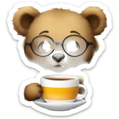 A baby bear wrapped in a blanket with glasses and a cup of tea or coffee with a book sticker