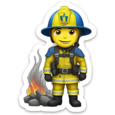 Ukrainian firefighter with the flag of Ukraine puts out the fire sticker