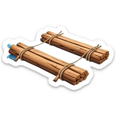 showing a simple wooden raft floating on calm blue water — made of several brown logs tied together with rope — gentle ripples around it — bright, cheerful lighting and soft shadows — minimalist, clean emoji design sticker