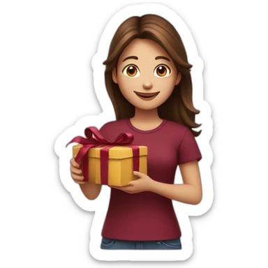 girl with brown hair, smiling, in a burgundy shirt, holding a gift in her hands sticker