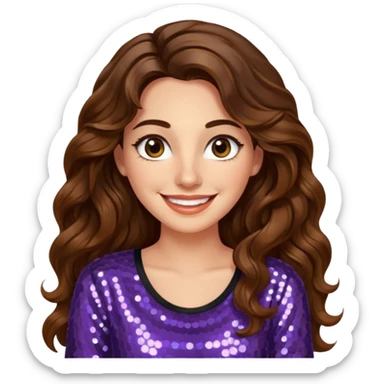 30 yr old italian woman, long brown wavy hair, big brown eyes, huge smile, sequin shirt, no bangs,  sticker