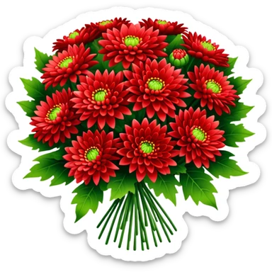 big bouquet Bright Red Chrysanthemum, luxuriant, leaf, bud sticker