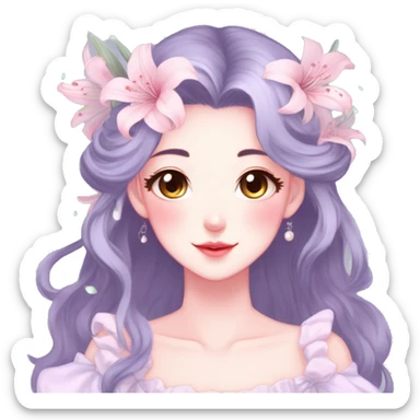 Gorgeous pastel anime style lady with blushing face and lilies cottagecore fairycore pastelcore colorful pearly romantic simplistic aesthetic trending style sticker