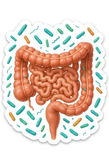 intestino umano anatomico con qualche batterio intestinale che gli fluttua intorno, ISOLATO SU SFONDO BIANCO sticker