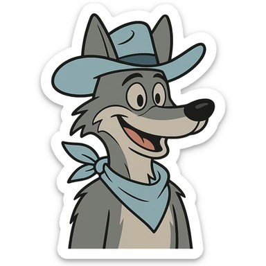 grey coyote, less anthropomorphic, light blue cowboy hat, light blue neckerchief, smiling, flat toon style sticker
