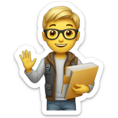 boy designer holding laptop and book waving hi sticker