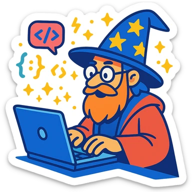 wizard coder wearing a robe and wizard hat typing on a laptop with magical code symbols floating around, vibrant toon style, cartoonish, colorful, dynamic sticker