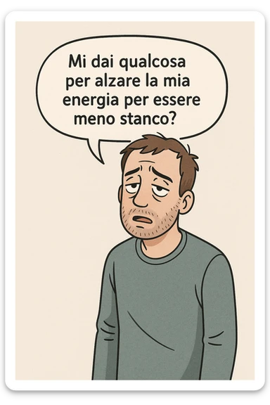 uomo che dice in una nuvoletta "mi dai qualcosa per alzare la mia energia per essere meno stanco?" sticker