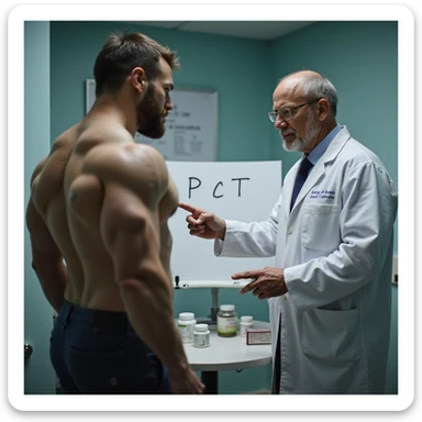realistic scene of muscular bodybuilder in medical office, doctor in white coat pointing at a sheet with 'PCT' written on it, visible post cycle therapy drugs, clinical and realistic atmosphere sticker