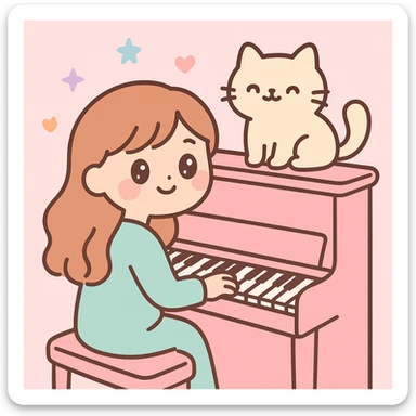 woman playing piano while her cat sits on top of the piano sticker