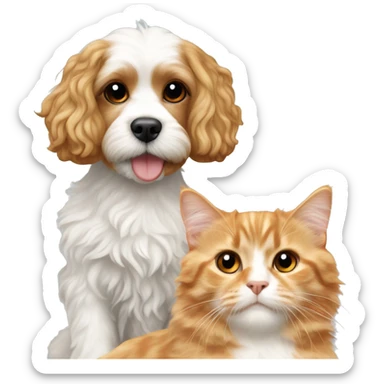 blonde cavapoo next to a black, orange, and white colored calico cat sticker