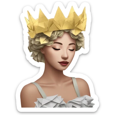  lady wearing melting golden crown vaporwave made of 420 origami newspaper roses hemp leaves lantern fairy lights burning paper vaporwave sticker