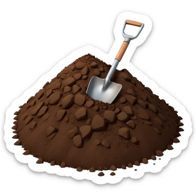A 3D cartoon pile of dark brown soil with a small shovel inserted, rough texture, natural lighting, soft shadow, realistic Memoji-style rendering. sticker