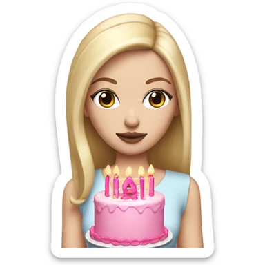 White girl with blonde straight hair, pink lips, dark eyes, white and pink birthday cake in hands sticker