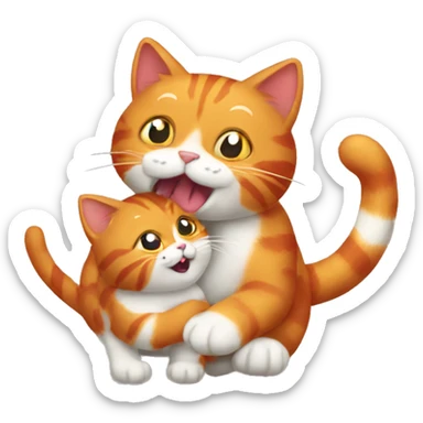 A big red cat playing with a tricolour kitty sticker