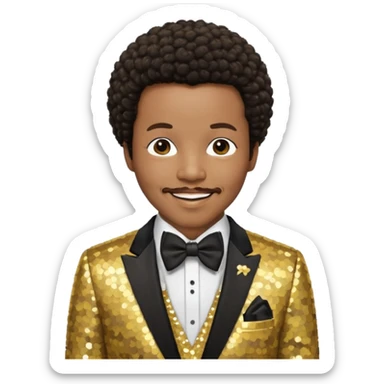 Quincy Jones with dark brown short afro hair, gold sequin suit with bow tie  sticker