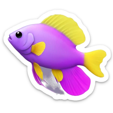 royal gramma tiny fish with purpleish pink front face and half front of body, neon yellow back half and black dot on top fin sticker