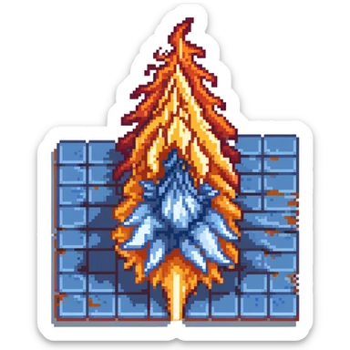 Bomberman downward-facing end-cap explosion tile, flames ending and tapering downward with pronounced flame wisps, orange/yellow with more red at the tips, extending about 70% into down direction sticker