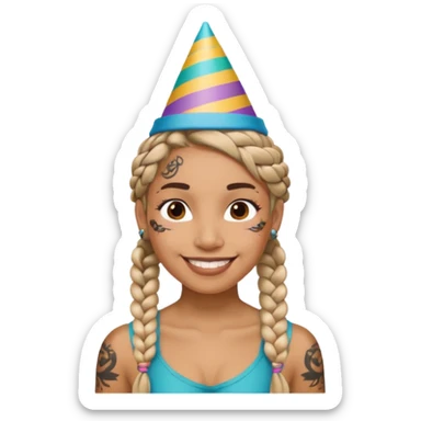 braided and tattoedbraided with lots lots lots of face tattooes and a party hat sticker