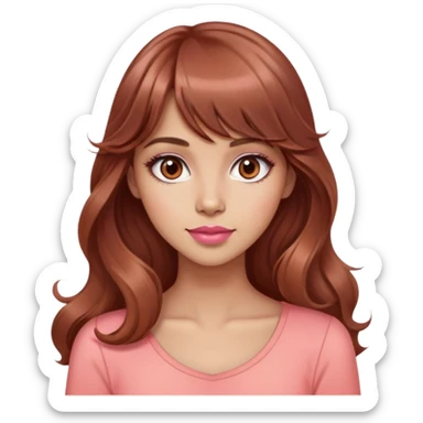 cute woman, light tan skin, big brown eyes, very long wavy auburn hair, bangs, pink top, coral lipstick sticker