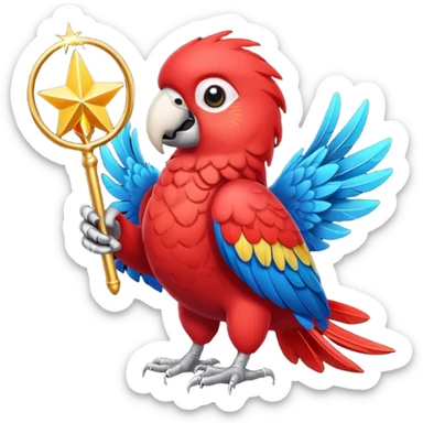 A red parrot with a magic wand sticker
