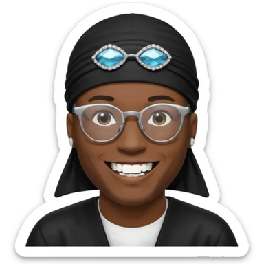 man with black durag,glasses, and smiling with diamond grillz on his teeth  sticker