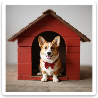 realistic red dog house with a Corgi dog inside, Corgi with a bow, photorealistic style sticker