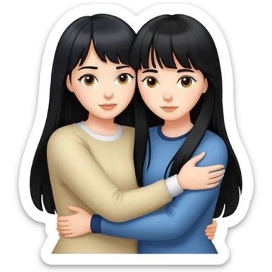two white girls with long black hair hugging each other, one with bangs sticker