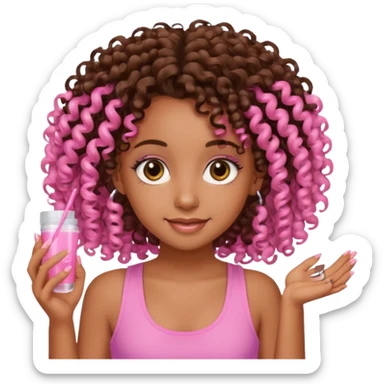 Uma menina com o cabelo cacheado é morena, e com uma regata rosa com unha em gel, é com Baby hair.  sticker