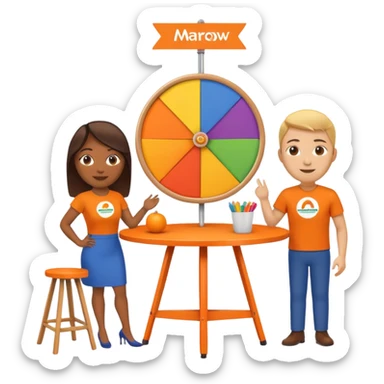 emoji of a recruitment booth. Two cartoon figures stand behind an orange table with 'MARROW, be a match' branding, a colorful spinning wheel, and a branded vertical banner. Simplified and cute. There should not be fruit in the picture.  sticker