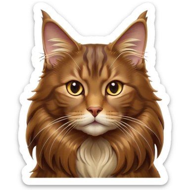 Cinematic Brown Maine Coon Cat Portrait Emoji, Elegant and alert, sleek brown and gold tones with hints of deep auburn, Simplified yet sharp features, highly detailed, glowing with a warm, confident glow, high shine, intelligent and poised with an air of wisdom, stylized with an air of grace, focused and attentive with a calm, old soul expression, soft glowing outline, capturing the essence of experience and majesty, so lifelike it feels as though it could spring into motion at any moment, radiating wisdom and grace. sticker