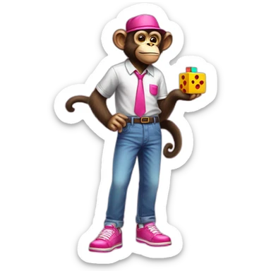Monkey with hat glazzes a shirt and pants and pink shoes and a Rubix cube in hes hands sticker