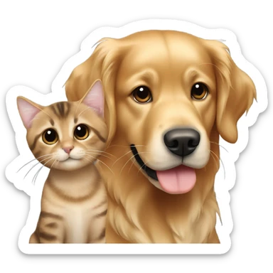 Golden retriever and smaller dark brown tabby cat sticker